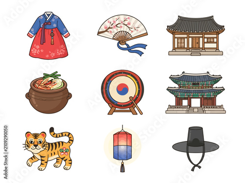 Collection of traditional Korean cultural symbols clothing architecture and food items in cartoon illustration style.