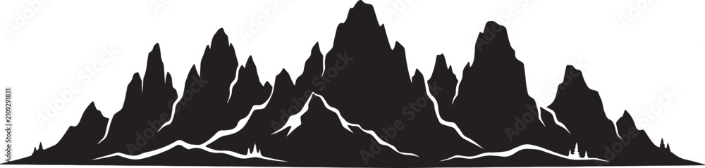 Fototapeta premium Black and white silhouette of a jagged mountain range, panoramic landscape with sharp peaks and rocky terrain, isolated on a white background