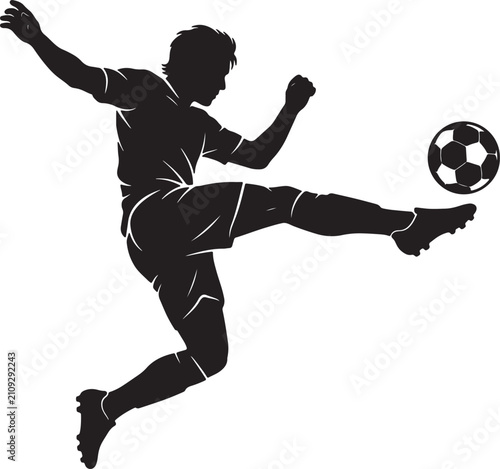 Billede på lærred Black silhouette of a soccer player kicking a ball, of an athlete in mid-air mot