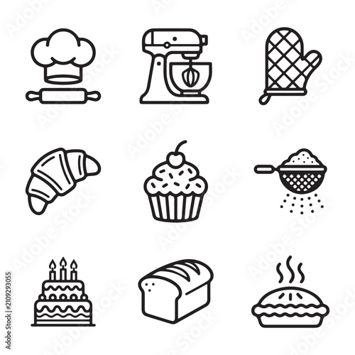 Cuadro en lienzo Baking icons set chef hat mixer pastries and baking tools