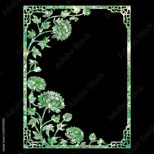Premium Korean Najeon-chilgi style green mother-of-pearl Peony rectangular frame