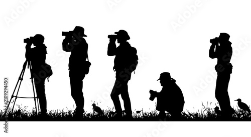 Birdwatching Silhouettes: Diverse Photographers Capturing Wildlife, Outdoor Hobbyists, Nature Exploration, and Ornithology