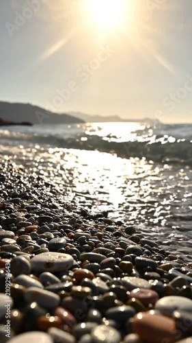 Sunlight Glistening on a Rocky Pebble Beach at Sunset