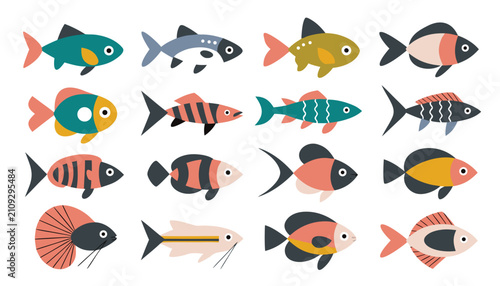 Colorful aquatic fish characters in flat vector set for creative marine graphics