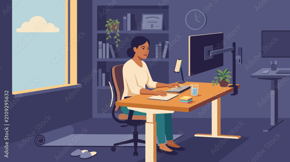 Fototapeta premium Woman working diligently at a modern standing desk in a home office setting.