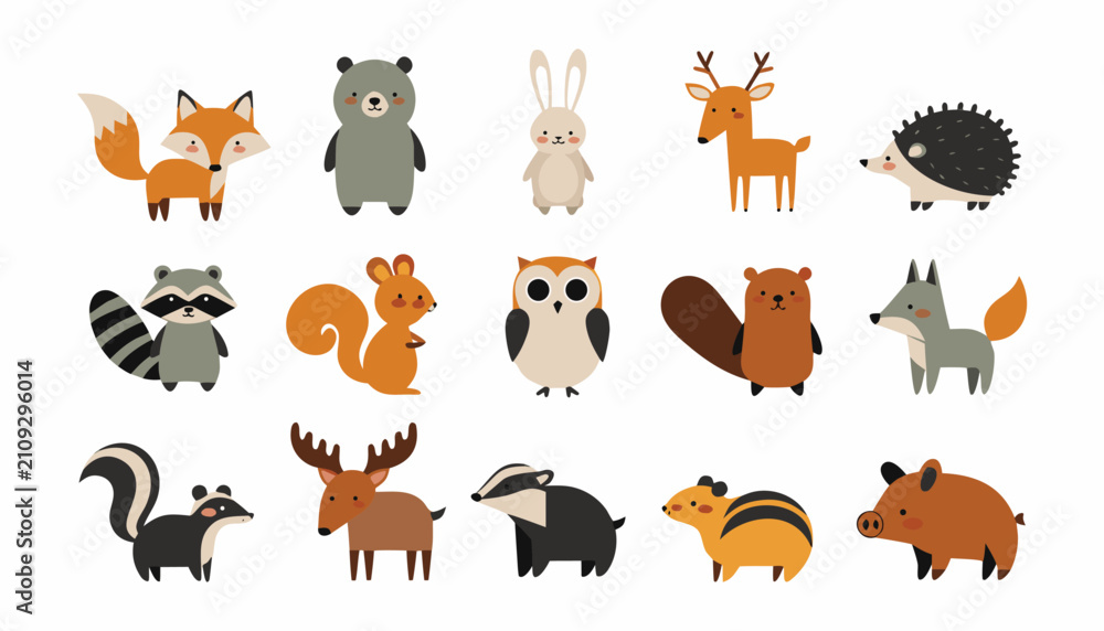 Obraz premium Cute cartoon forest animals vector set, adorable woodland creatures collection with fox, bear, rabbit, deer, hedgehog