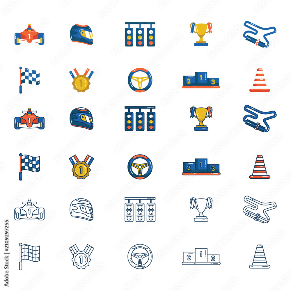 Obraz premium Car racing icon set in flat, filled outline, and line art style, motorsport and formula vector bundle