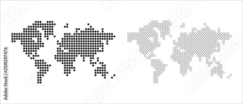 Fotografia Dotmatrix world map illustration with solid black and outline versions for globa