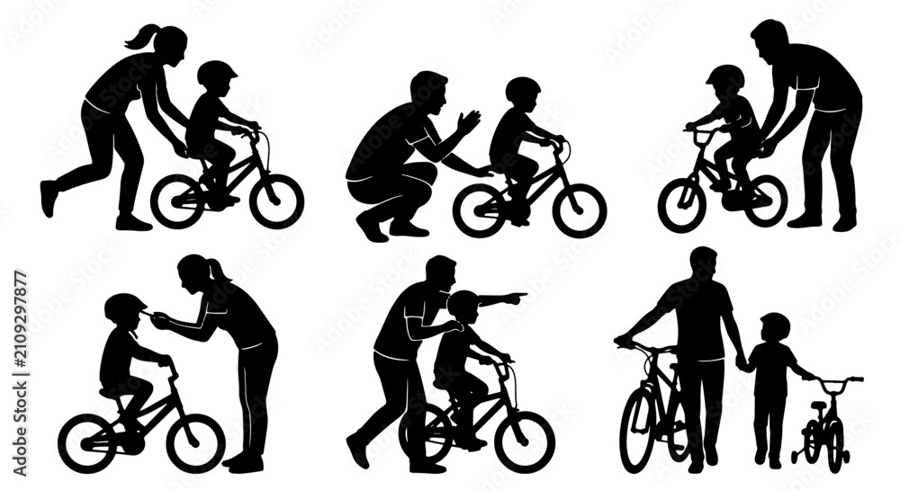 Obraz premium Parent Teaching Child Bicycle Riding Silhouettes, Family Cycling Learning Set, Outdoor Activity Vector Icons