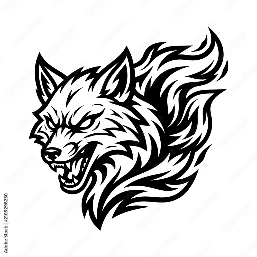 Obraz premium Angry wolf head with fiery mane mascot.