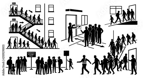 Принти на полотні Crowd Evacuation Scene, People Escaping Building via Stairs and Ramp, Emergency
