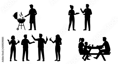 Barbecue and Picnic Silhouettes: People Enjoying Outdoor Gatherings, Casual Socializing, and Family Time, Vector Icons