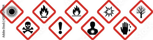 Foto GHS Hazard Warning Icon Set featuring danger symbols, red white diamonds, chemical risk labels, safety classification, industrial compliance, and regulatory warning signs in editable vector styles