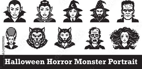 Картината върху платно Spooky black and white Halloween horror monster portrait silhouette icon set fea