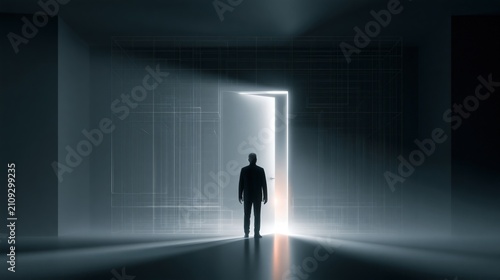 Man standing before an open glowing doorway, symbolizing freedom, escape, and uncertain future possibilities