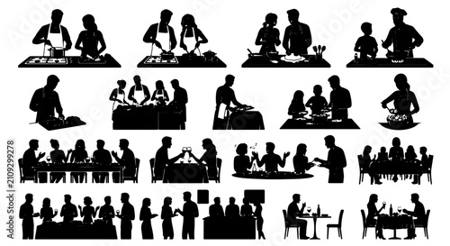 Culinary Teamwork Vector Silhouettes: Diverse Cooking & Dining Scenes, Professional Kitchen Staff, Family Meals, Restaurant Gatherings, 25 Elements