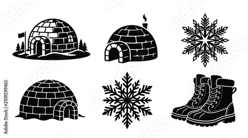 Bild auf Leinwand Igloo Snowflake And Winter Boot Silhouettes On White Background
