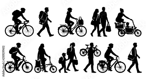 Diverse Silhouettes of People Commuting and Traveling by Bicycle, Walking, and Electric Scooter, Vector Set for Urban Mobility and Lifestyle Concepts