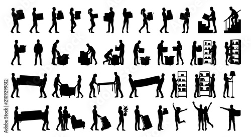 Moving and Relocation Silhouettes: Diverse Actions of People Carrying Boxes, Furniture, and Packing Items. Vector Set for Logistics and Storage Concepts.