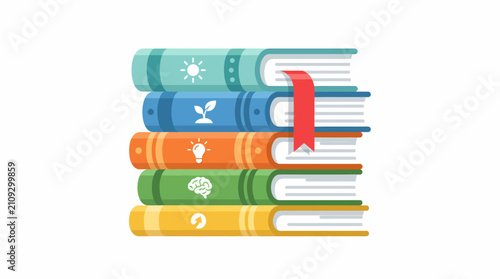 A stack of colorful books featuring icons for learning and education.
Stack of colorful books with icons. Education concept with learning and knowledge symbols.
