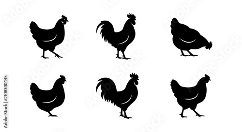 Fotografía Rooster and Hen Silhouettes, Farm Animal Icons, Poultry Vector Graphics, Black a