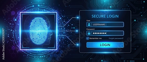 Innovative login interface featuring biometric fingerprint recognition digital components and advanced security measures for improved user authentication and cybersecurity.