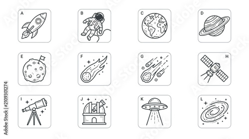 Set of hand drawn space and astronomy themed doodle icons on white background.
