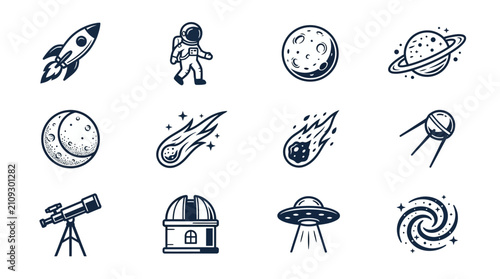 Set of hand drawn space and astronomy icons featuring planets rockets and stars.