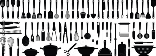 Bild auf Leinwand Collection of black silhouette featuring various kitchen utensils, cooking tools