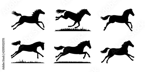 Fotografie Minimalist black and white vector silhouette of a horse running across grass wit