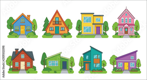 Cuadro en lienzo Colorful houses with gabled roofs and chimneys a vector illustration on a white