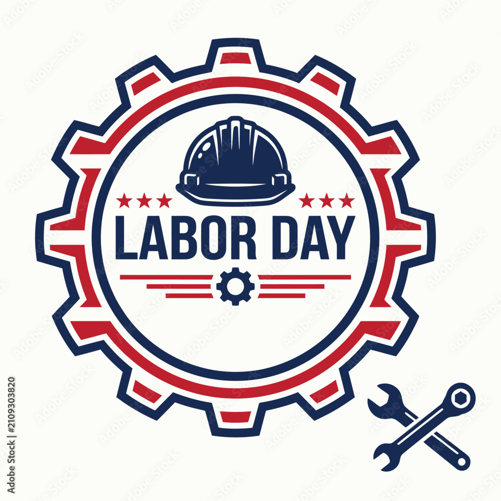 Fototapeta premium Labor day celebration badge design with a hard hat gear symbol and crossed wrenches for american workers