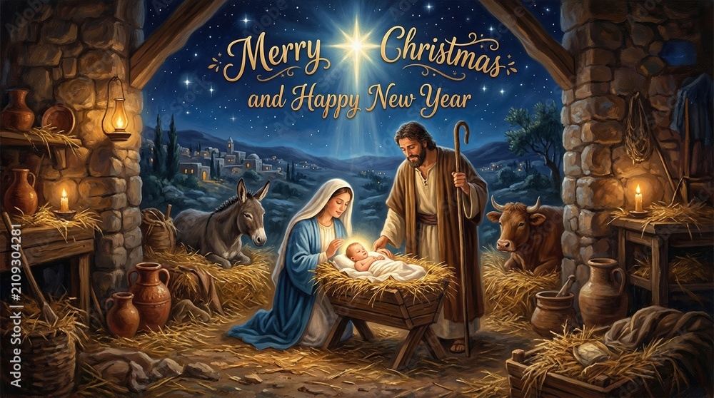 Fototapeta premium Nativity scene with holy family in stable celebrating merry christmas and happy new year