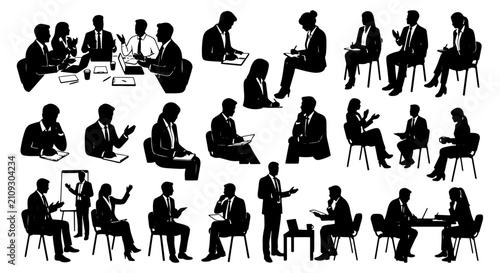 Business Meeting Silhouettes, Professional Teamwork Icons, Corporate Collaboration Graphics, Diverse Office Scenarios Vector Set