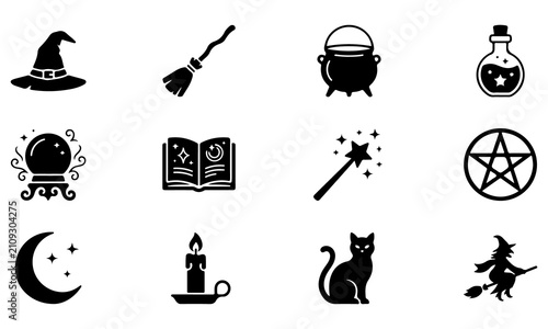Fotografie Witchcraft and magic in black featuring a witch hat, broomstick, cauldron, potio