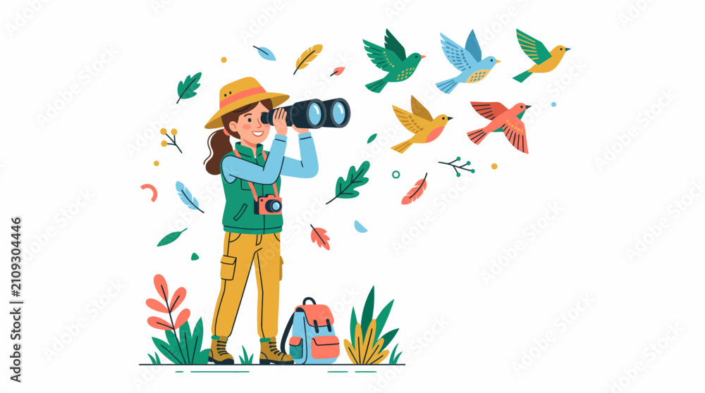 Fototapeta premium An illustration of a person birdwatching in nature, observing a colorful flock of birds flying upwards with binoculars.