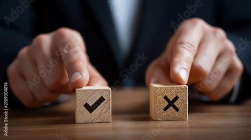 A businessman places his fingers on two wooden blocks, one printed with a check mark and the other with an x cross symbol