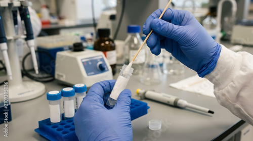A researcher wearing blue gloves places a cotton swab sample into a test tube in a laboratory