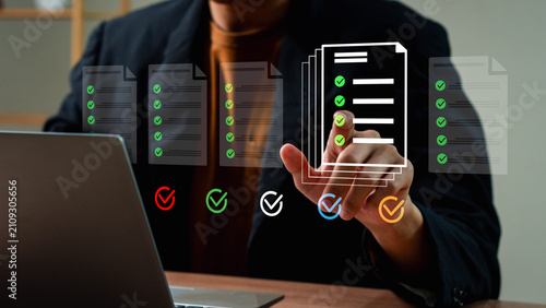 approval,efficiency,signature,policy,assurance,Business professional selecting digital checklist documents for approval, verification and compliance management using an electronic workflow system.