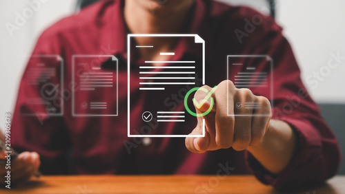approval,efficiency,signature,policy,Business professional confirming a digital document with approval, verification and electronic workflow for compliance management on a smart business platform.