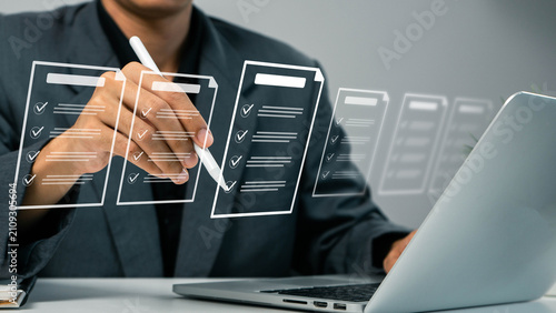 approval, efficiency, signature, policy, assurance, document, Business professional reviewing digital documents with electronic checklist, approval workflow and compliance verification on a laptop.