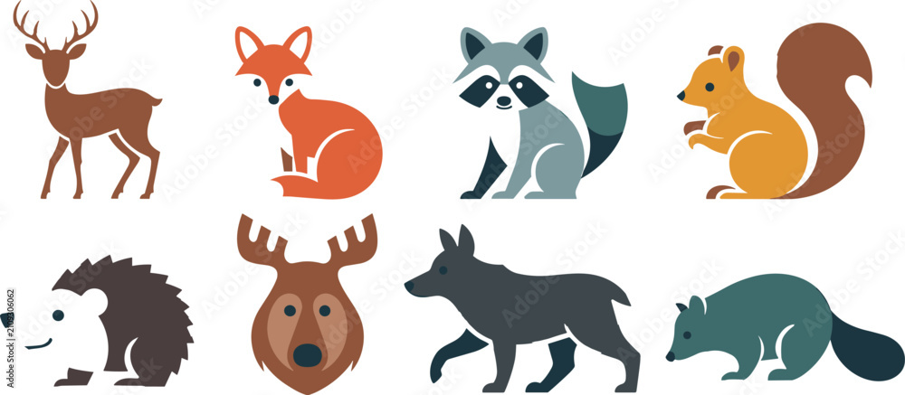Obraz premium Woodland Animals Vector Set with Deer Fox Raccoon Squirrel Hedgehog Moose Wolf Beaver