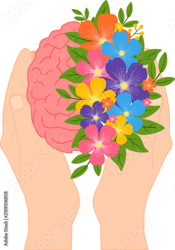 Brain and Flowers in Caring Hands, Mental Health and Emotional Wellbeing Concept