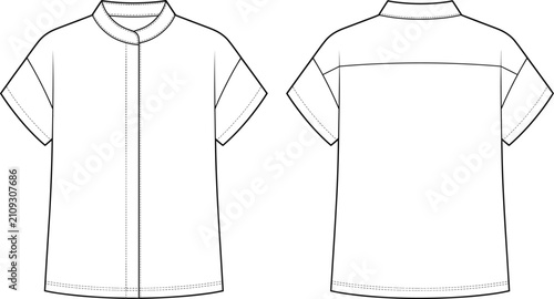 Stand Collar Short Sleeve Shirt Technical Flat Sketch with Front and Back Views