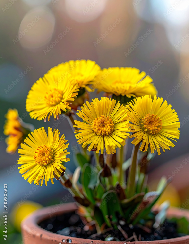 Fototapeta premium Tussilago farfara flowers blooming in small pot, bright yellow spring blossoms with delicate petals, botany and nature concept. Close-up.