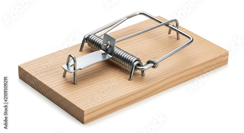 Classic Wooden Mousetrap Isolated on White Background