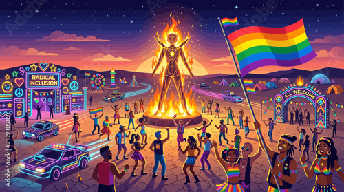 Rainbow Pride Festival Celebration Burning Man Art Installation Desert Night