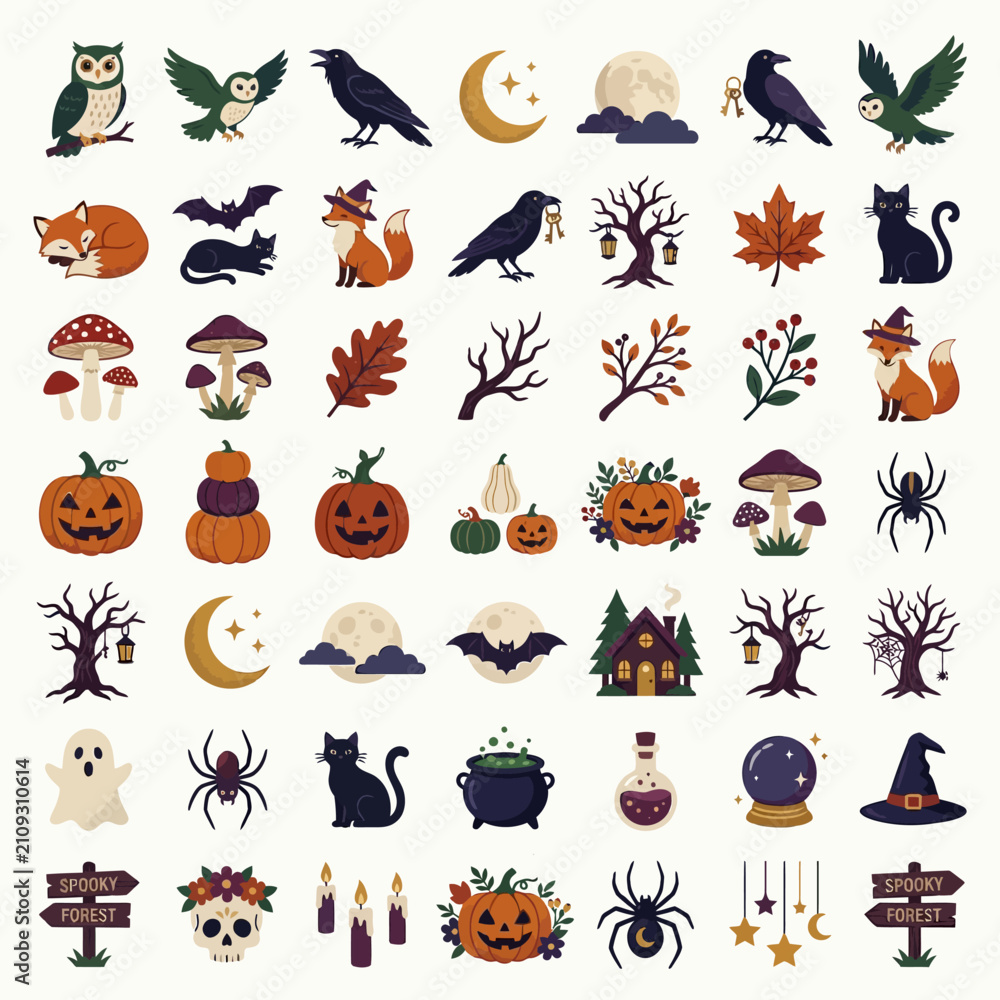 Fototapeta premium Halloween, Mystical Halloween vector icon set, spooky autumn forest elements with pumpkins and owls, 49 flat occult illustrations for seasonal design isolated on White Background