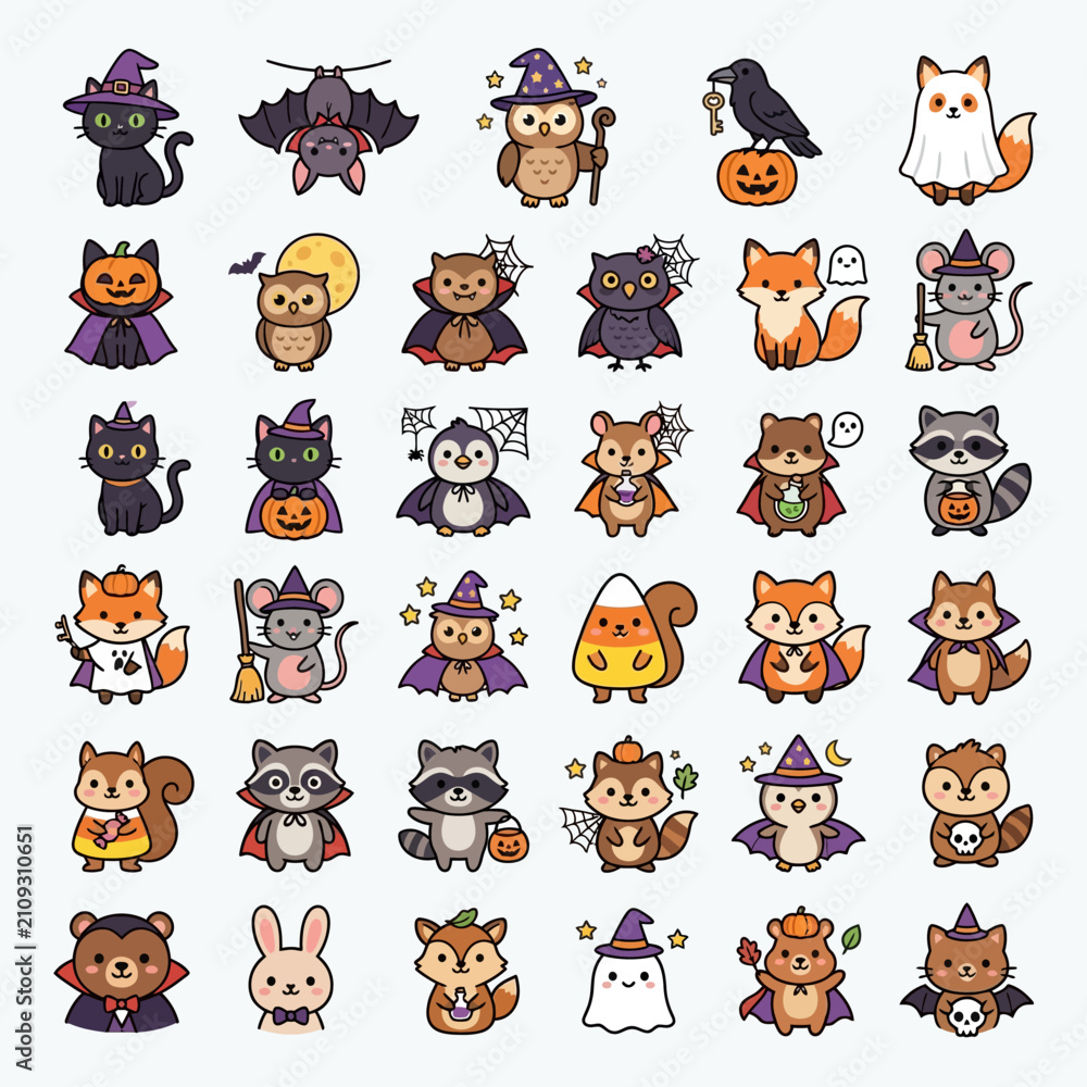 Obraz premium Halloween, Kawaii Halloween animals vector set, cute spooky forest creatures in costumes, 36 cartoon autumn characters for stickers and invitations isolated on White Background