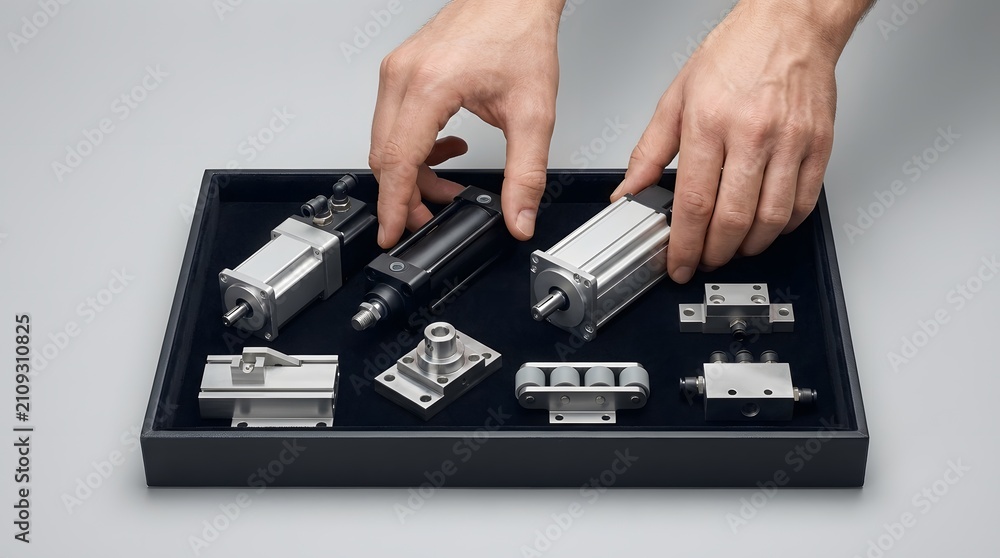 Fototapeta premium Hands selecting precision industrial pneumatic components from a display tray.